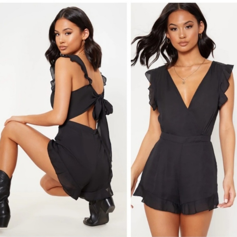 Pretty Little Thing Black Tie Back Romper Playsuit Sexy Flirty NWT size 6
